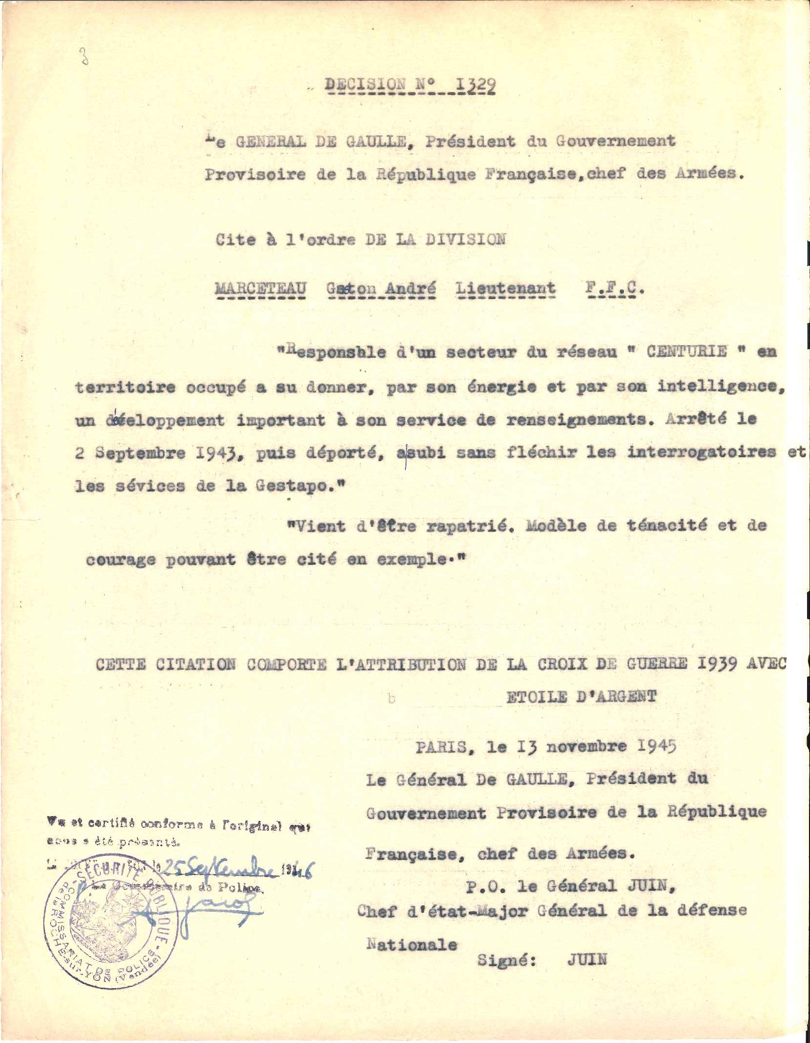 Do034 Serie De 4 Decisions Et De Citations Dont Une Signee De Gaulle Par Ordre Juin Resistance Et Deportation Vendee
